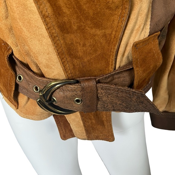 VTG The Leather Ranch le Ranch du Cuir Suede Jacket Colorblock Belted Neutral - Picture 6 of 12
